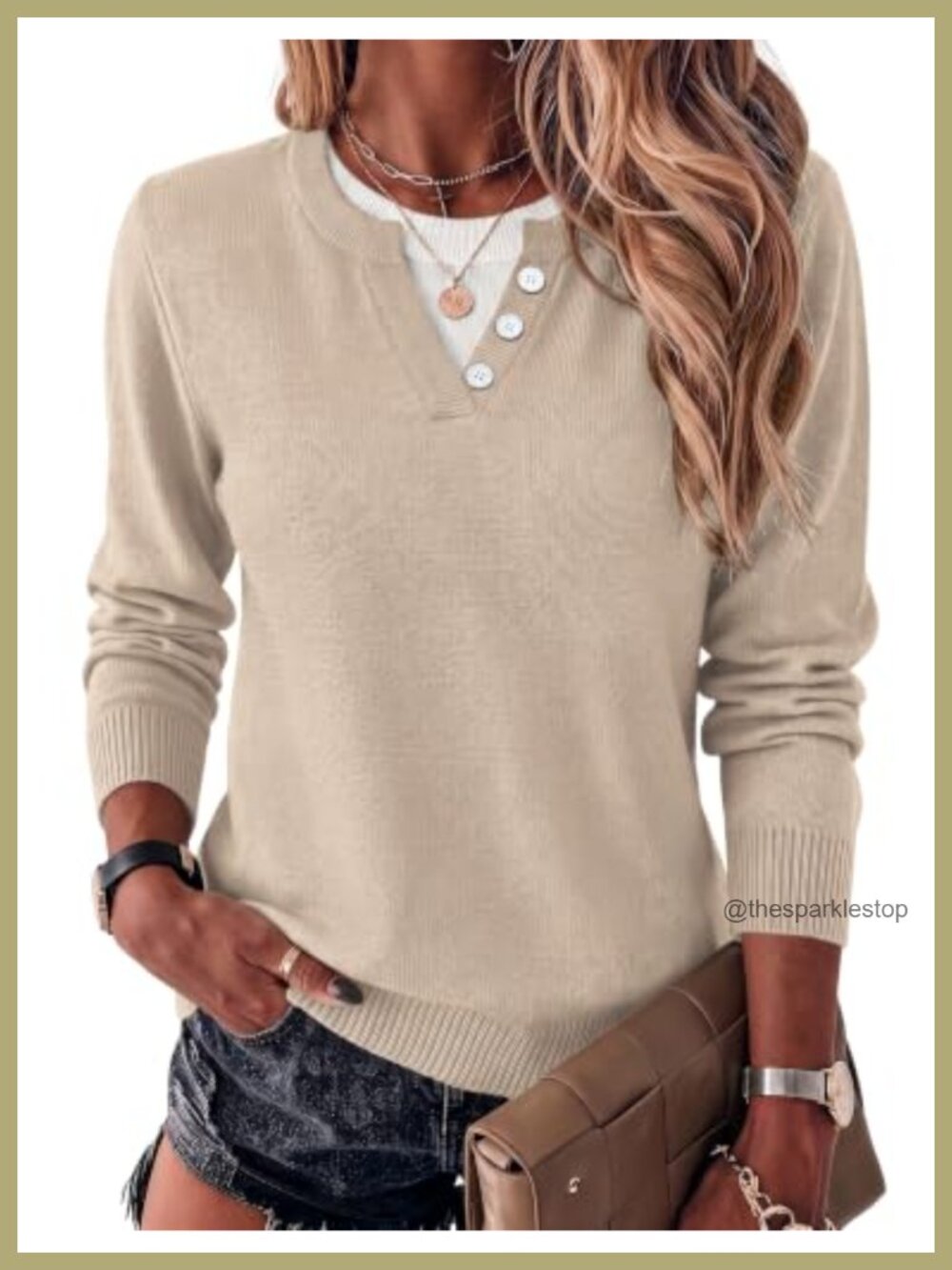 Women's Lightweight Knit Pullover Sweater Faux Layered Button Long Sleeve